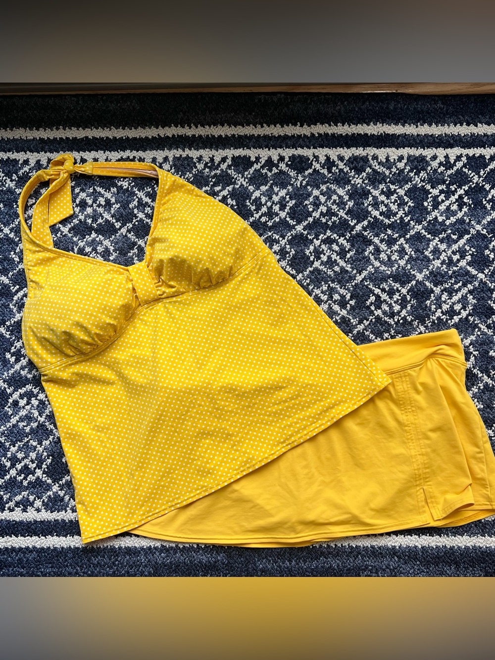 Lands End Yellow Polka Dot Halter Tankini Top withYellow Swim Skirt, Size 14